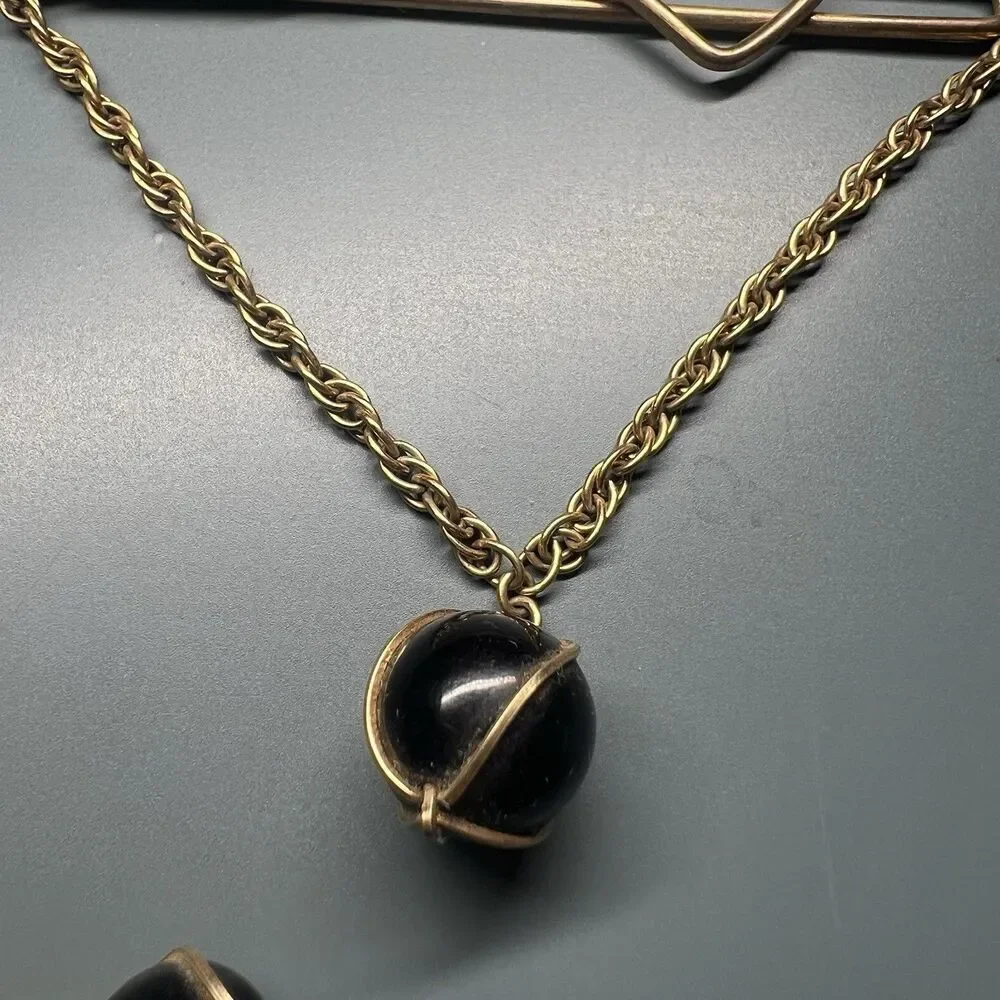 Vintage Mid Century Double Sided Wire Wrapped Black Bead Cufflinks Tie Bar Set